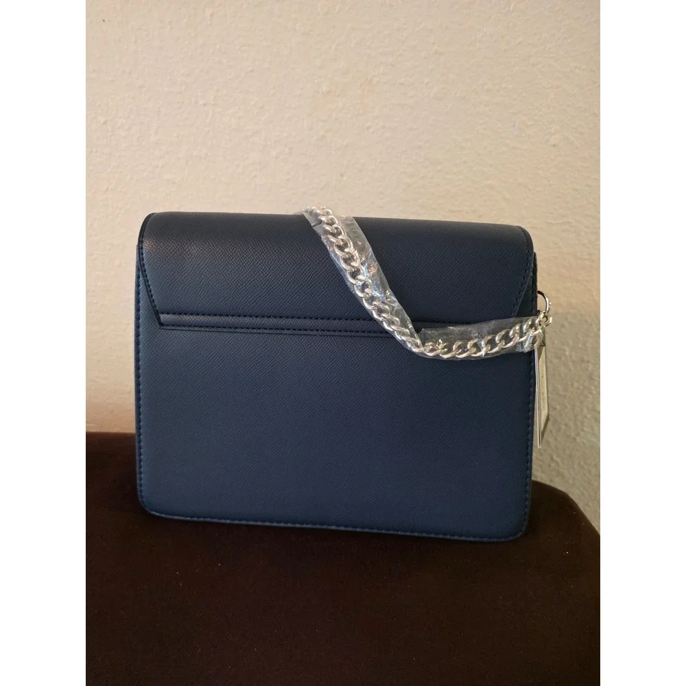 Badgley Mischka Navy Blue Saffiano Crossbody Bag Silver Chain Strap BM Logo NEW